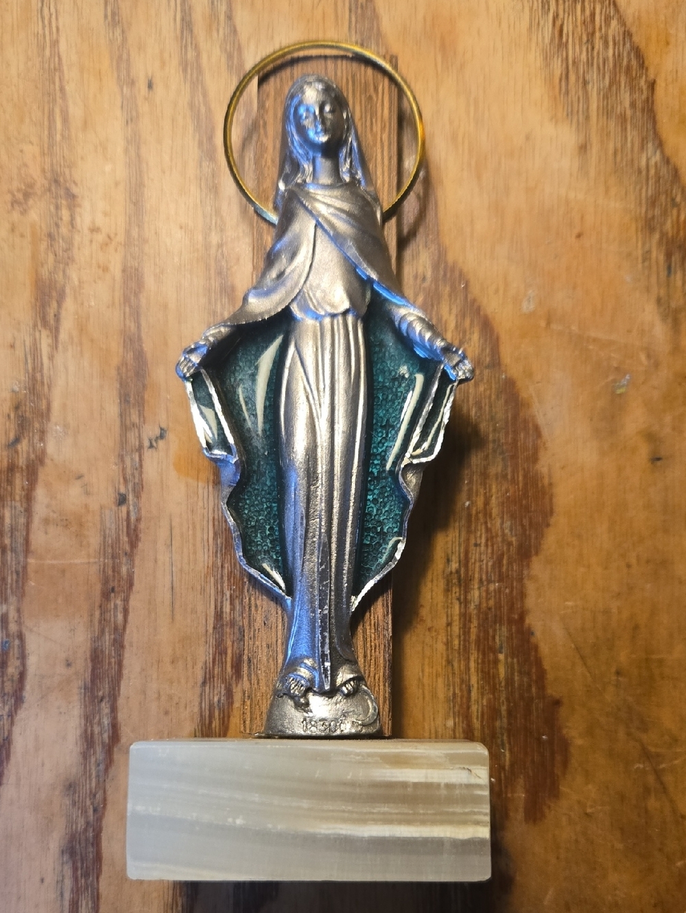 Madonna Pewter Figurine Italy Peltro Marble Base Golden Halo Green Glass Accent